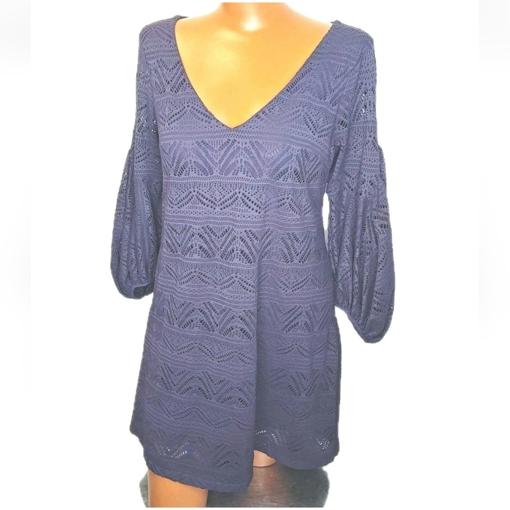 Anthropologie Mauve Laila Tunic Mini Dress Woman XS Blue Purple Crochet Eyelet